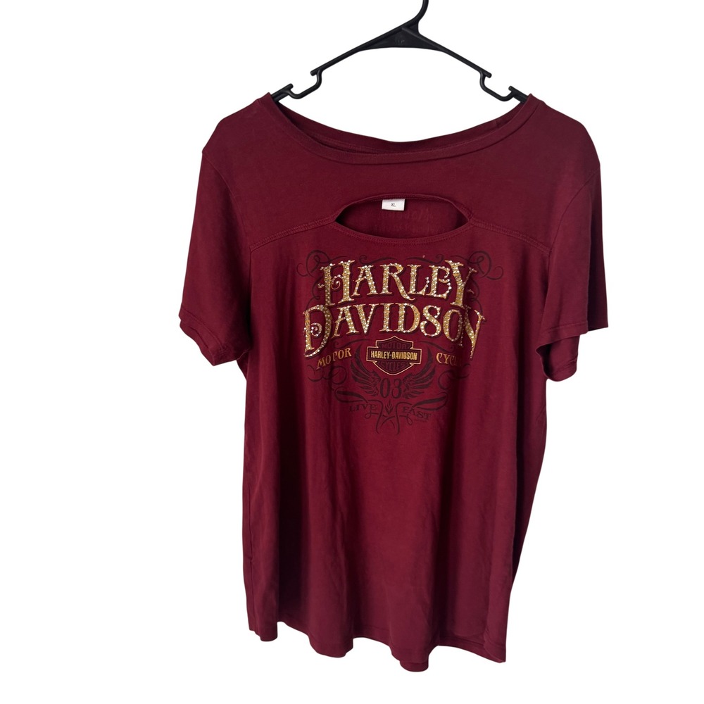 Harley Davidson Womens XL Burgundy Cutout Rhinestone Graphic Logo Cotton T-Shirt